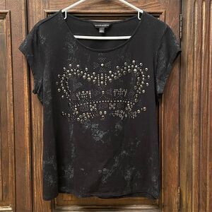 Rock & Republic Women's Black Rhinestone Crown T-Shirt Size L Short Sleeve